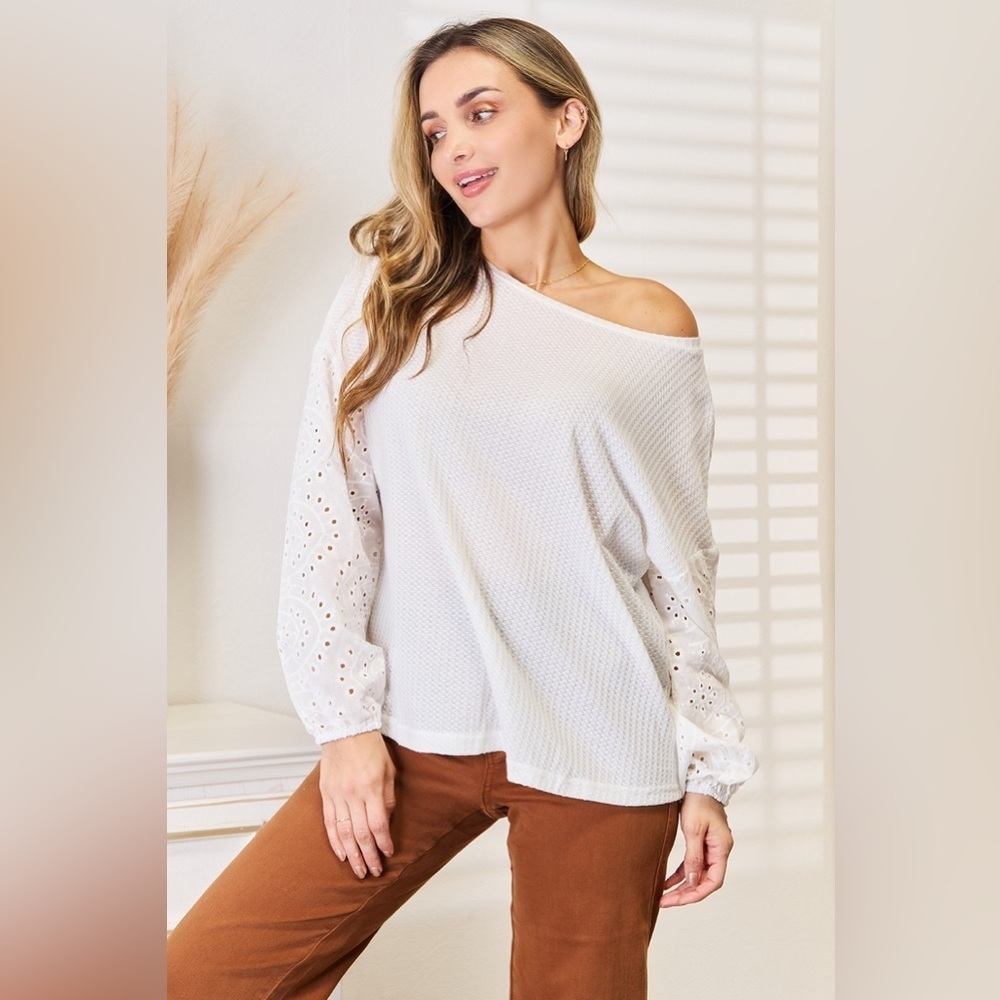 NEW**-Double Take Eyelet Dropped Shoulder Round Neck Blouse OFFERS WELCOME